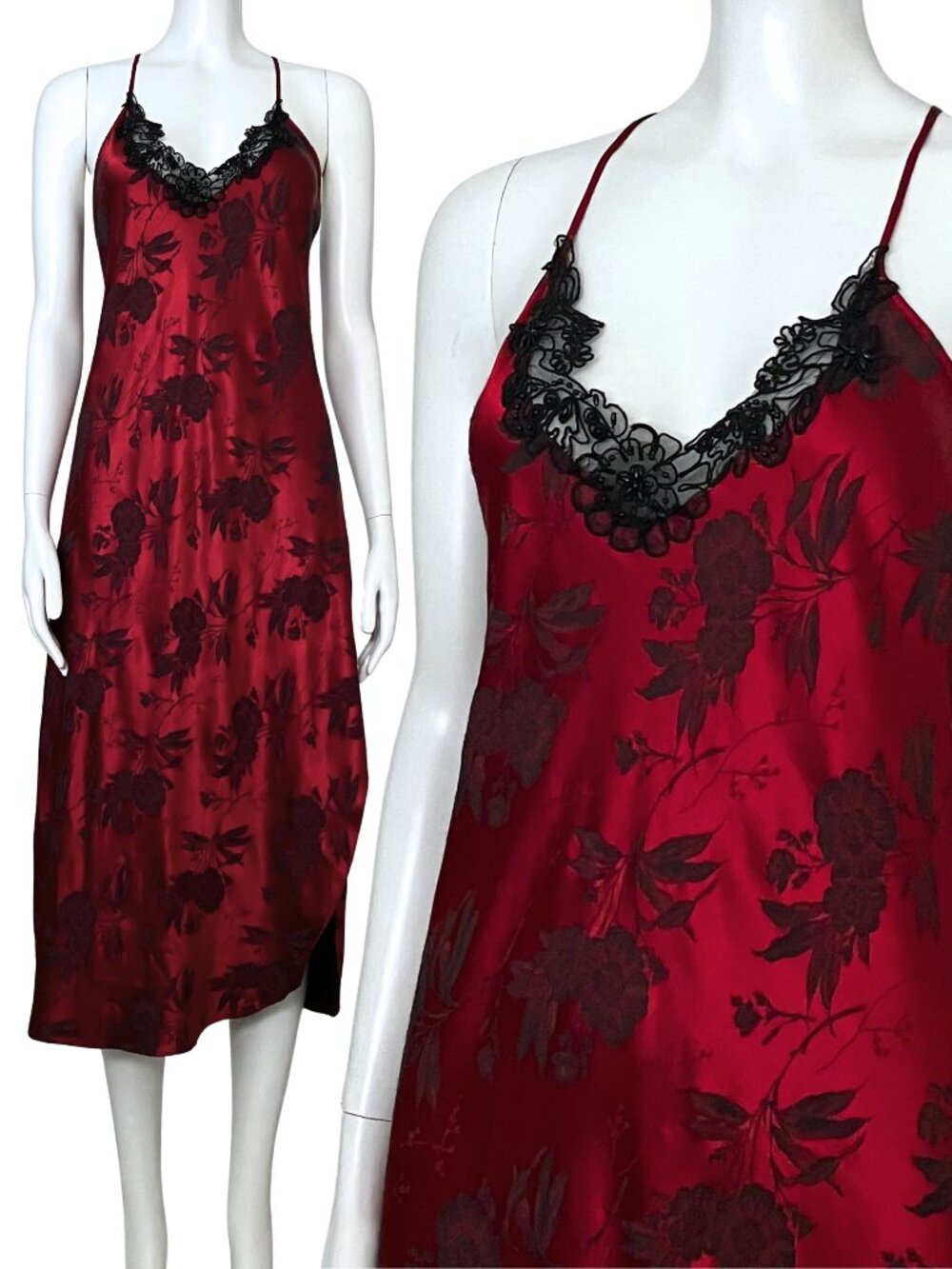 Vintage 90s Red Black Lace Beaded Midi Slip Dress. Medium. Whimsigoth Lingerie